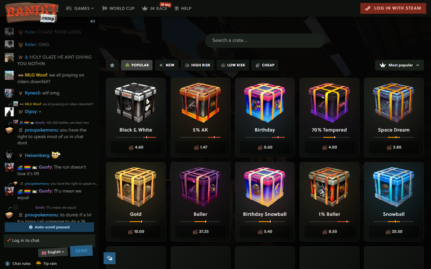 Bandit.camp homepage showing a grid of Rust crates with prices and odds bars, filters for high risk, low risk, and cheap cases, and a live chat rail