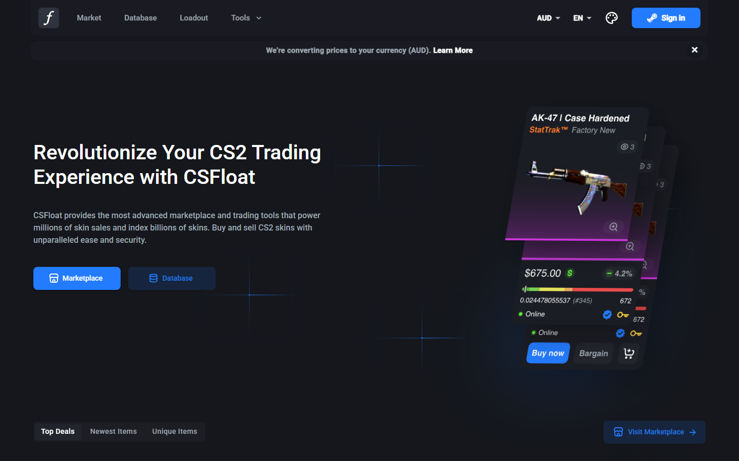 CSFloat homepage showing a StatTrak AK-47 Case Hardened listing with exact float value, paint seed number, price, and bargain option