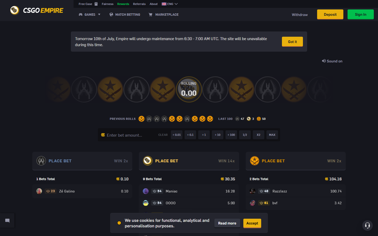 CSGOEmpire homepage showing the three-symbol roulette wheel with 2x and 14x payouts, previous rolls history, live player bets, and match betting and marketplace navigation