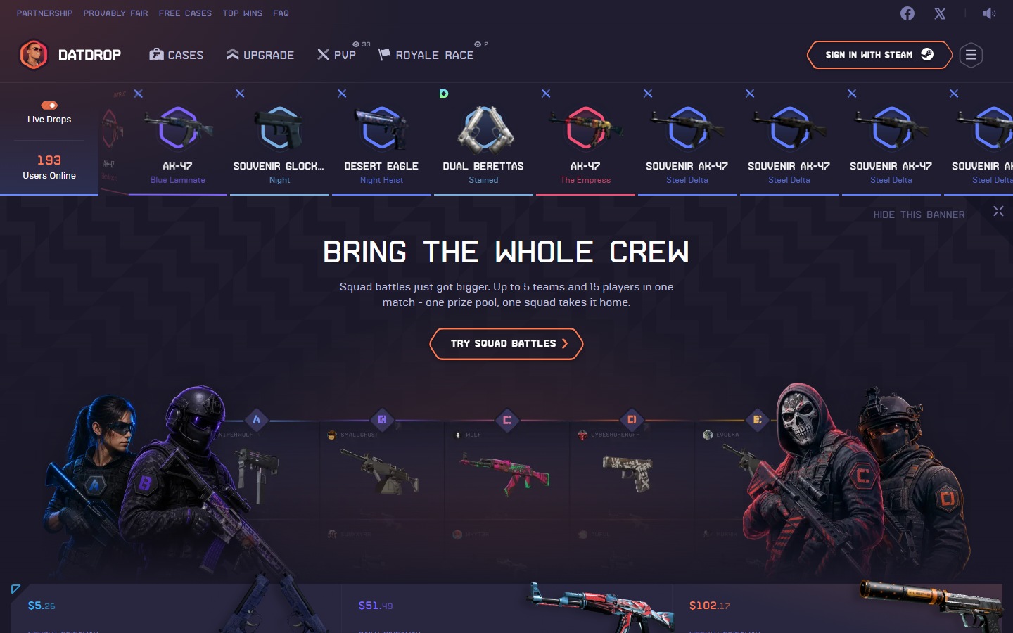 DatDrop homepage showing a live drop feed of CS2 skins, a squad battles promotion for up to 15 players across 5 teams, and navigation for cases, upgrade, PvP, and royale race