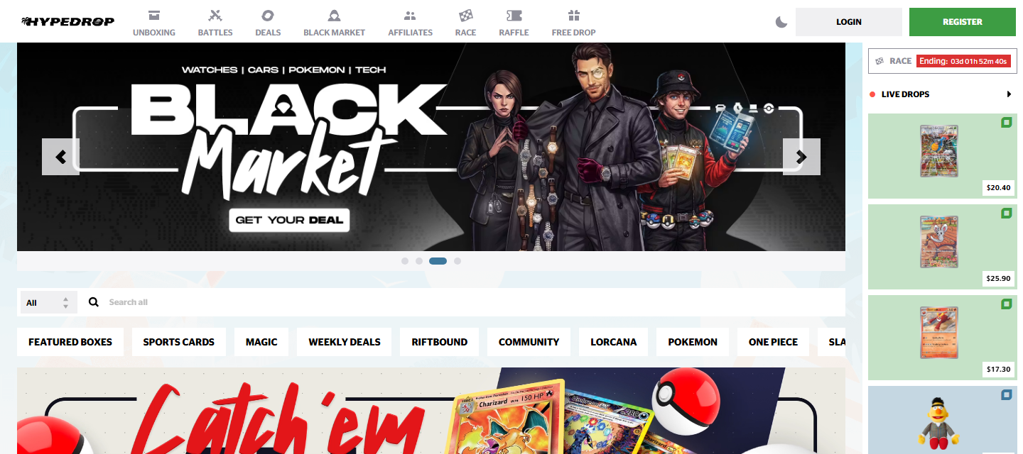 HypeDrop homepage showing mystery box categories including sports cards, Pokemon, and streetwear, with navigation for unboxing, battles, deals, races, and raffles and a live drop feed of won items with prices
