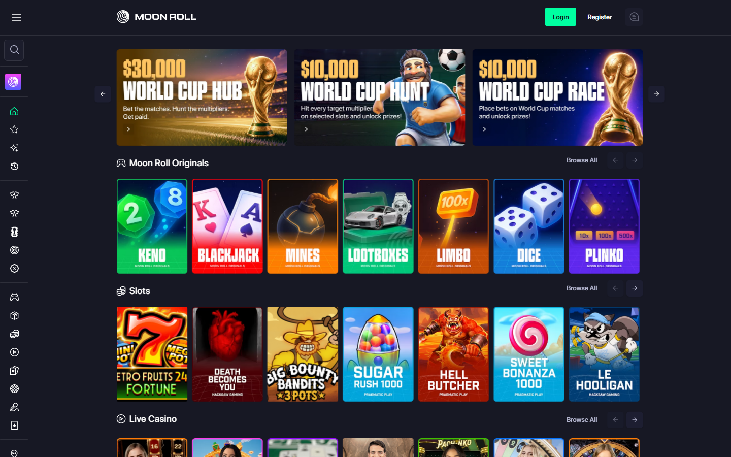 MoonRoll homepage showing original games including keno, blackjack, mines, lootboxes, limbo, dice, and plinko, plus rows of licensed slots and live casino tables
