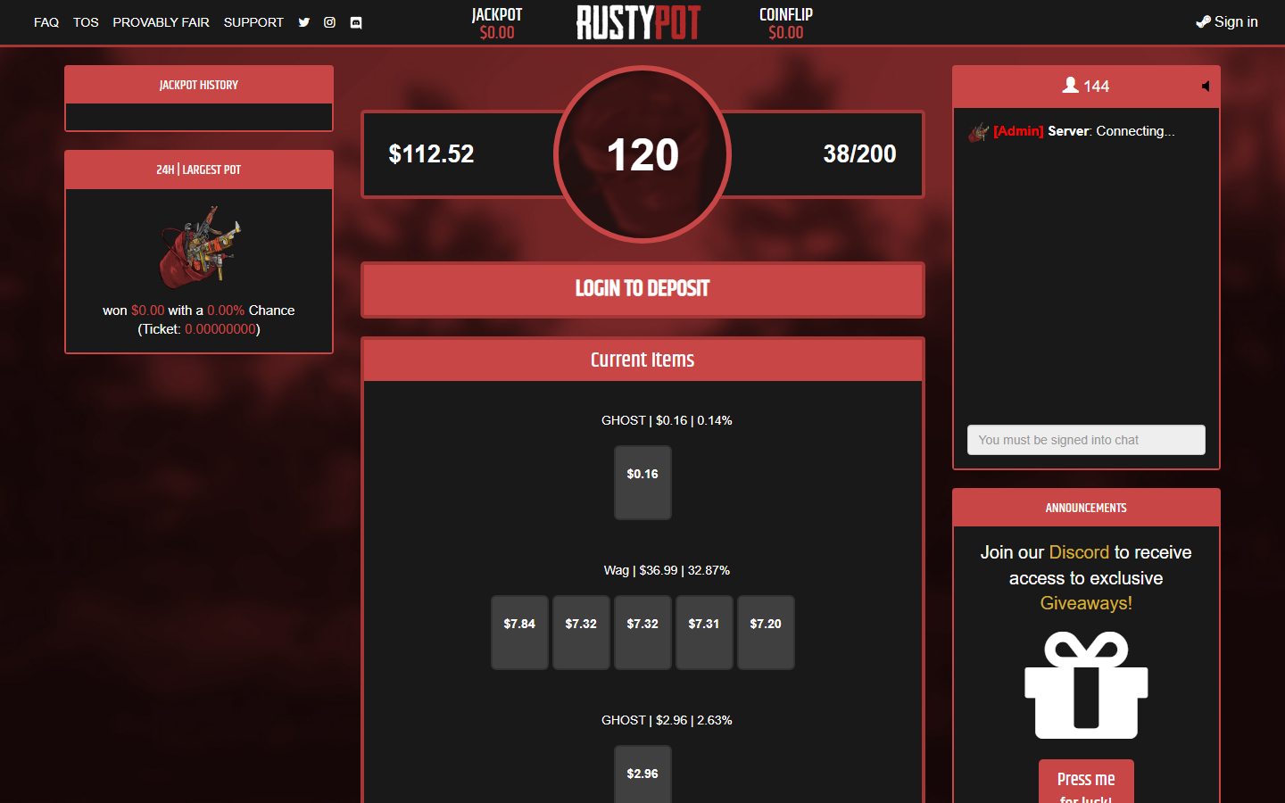 RustyPot jackpot page showing the current pot value, deposited items with dollar values and win percentages, and the winning ticket number from the previous game